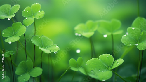 morning in the forest, fresh shoots shamrock in dew drops, forest sour green background nature photo