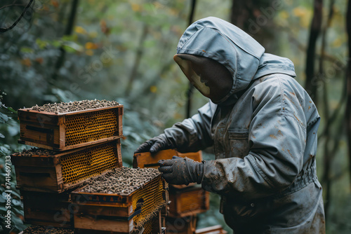 Busy Beekeeper in a Serene Apiary: Captivating the Essence of Nature's Golden Treasure