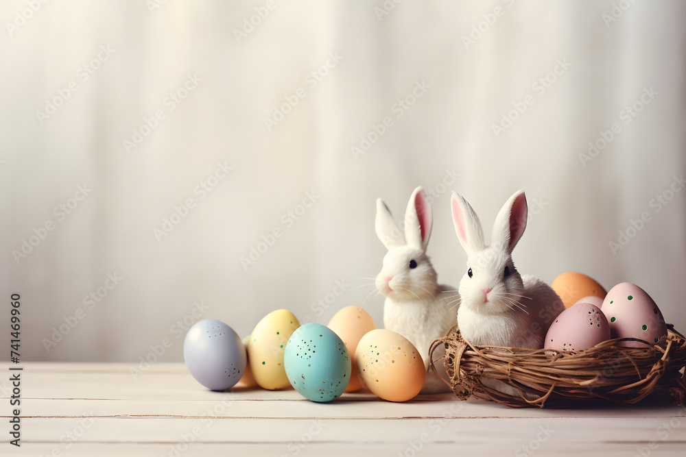 Cute and colorful easter eggs and bunny studio background with copy space