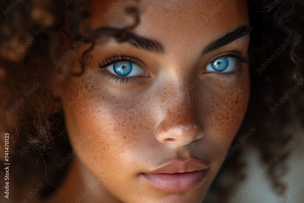 A stunning portrait of a woman, her piercing eyes and flawless skin highlighted by expertly applied makeup and elegant ringlets, captures the beauty and power of the human face A stunning portrait of a woman, her piercing eyes and flawless skin highlighted by expertly applied makeup and elegant ringlets, captures the beauty and power of the human face