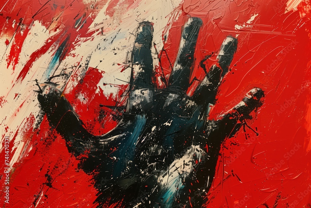 Hand on red background, abstract background of struggle for freedom and independence. Generative AI