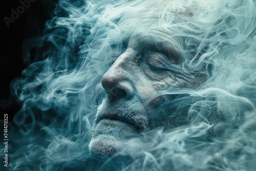 Face of elderly man with gray beard in white smoke. Generative AI photo