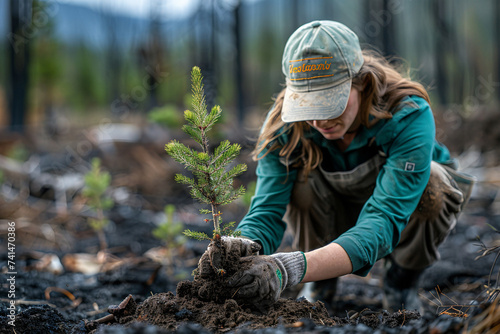 A focused woman in outdoor gear replanting a young tree in a recovering area after a forest fire.