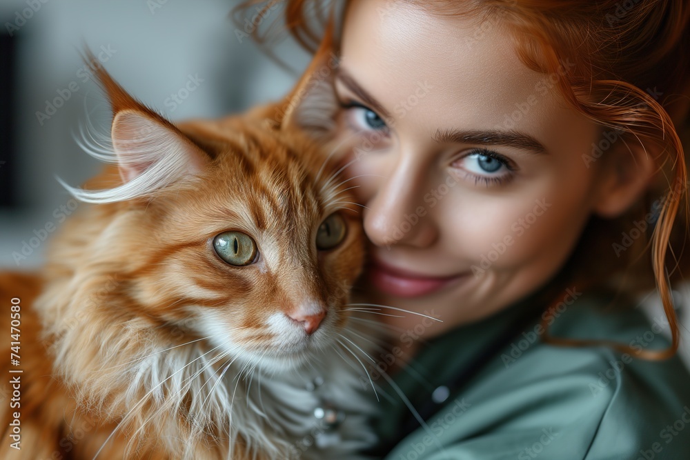 A content woman gazes lovingly at her orange domestic cat, their bond evident in their shared soft skin and whiskers, creating a portrait of companionship and felidae grace