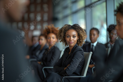 African businesswoman engaged in a professional seminar with peers.