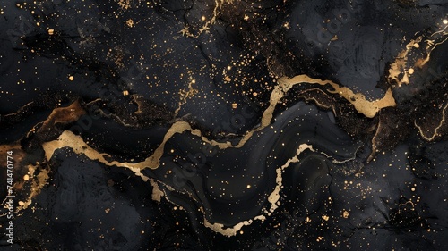 Luxurious Black and Gold Marble Texture with Glitter Accents for Backgrounds and Design © Psykromia