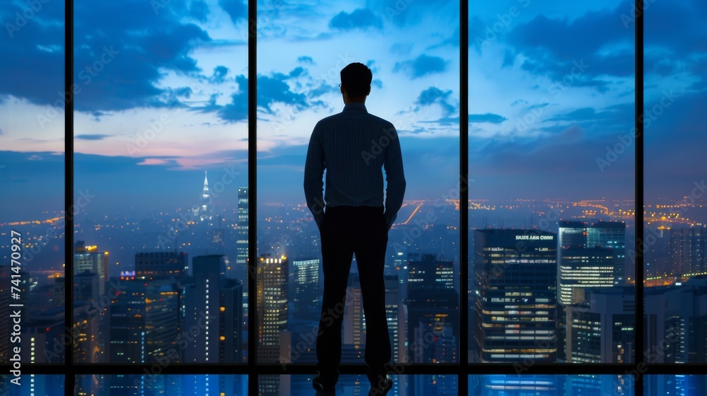 A solitary executive stands at a large window, gazing out at the sprawling cityscape as twilight descends. A solitary executive stands at a large window, gazing out at the sprawling cityscape as twilight descends.
