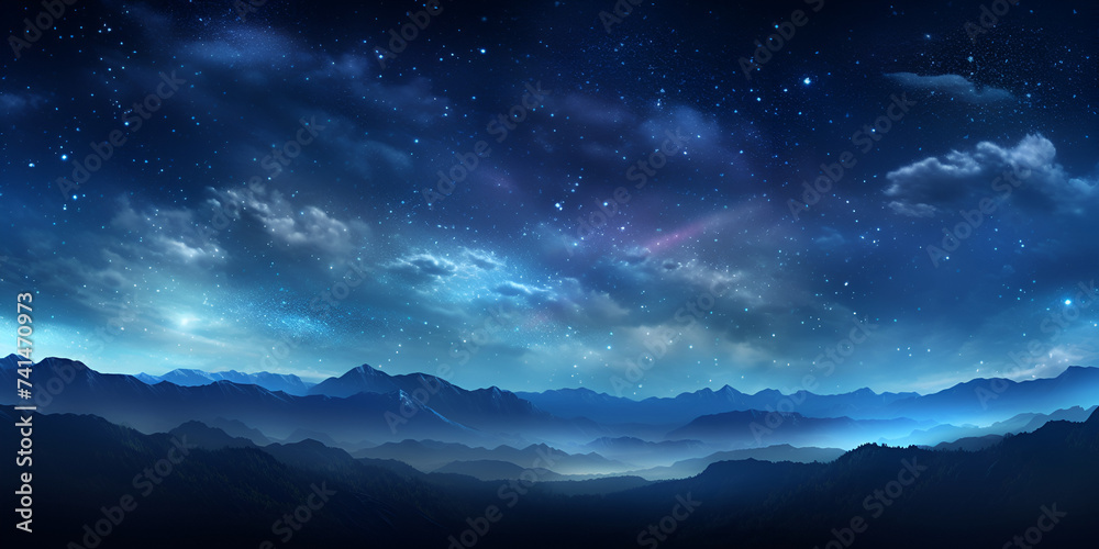 Dreamy Starry Night Sky,  starry night sky with coluds, Nature astronomy outdoors night, Celestial night sky with stars and planets background, Generative AI 