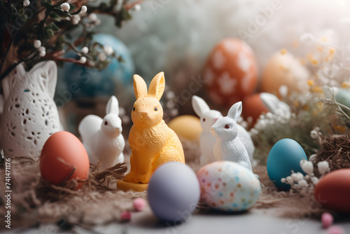 Cute and colorful easter eggs and bunny studio background with copy space