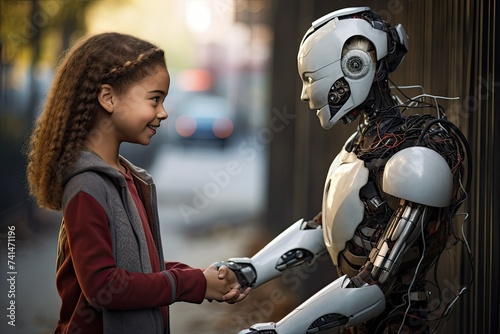 Smiling cute little girl looking at robot in the street. A child interacting with a friendly robot. future technology concept. human child with ai robot. ai robotic friend.