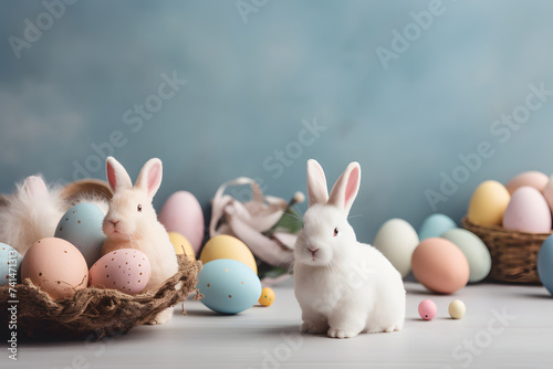 Cute and colorful easter eggs and bunny studio background with copy space