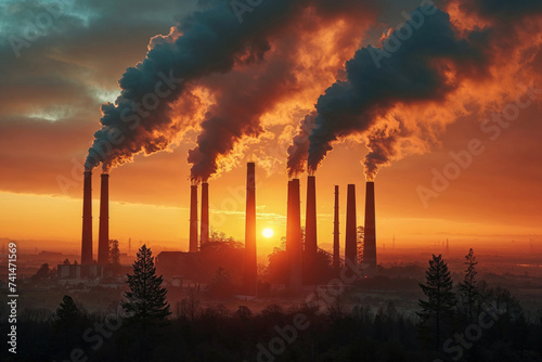 Industrial sunset with smokestack emissions Generative AI image photo