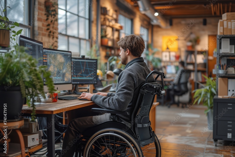 Obraz premium A determined man in a wheelchair, surrounded by indoor furniture and houseplants, diligently works on his computer at his desk in a building, his clothing reflecting his focus and determination
