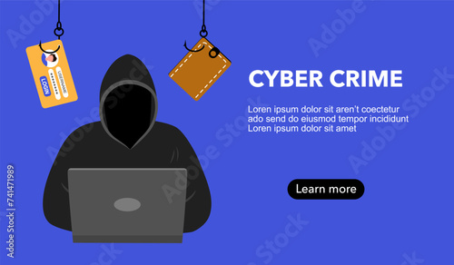 Hacker with laptop computer stealing confidential data, personal information and money. Hacking concept.