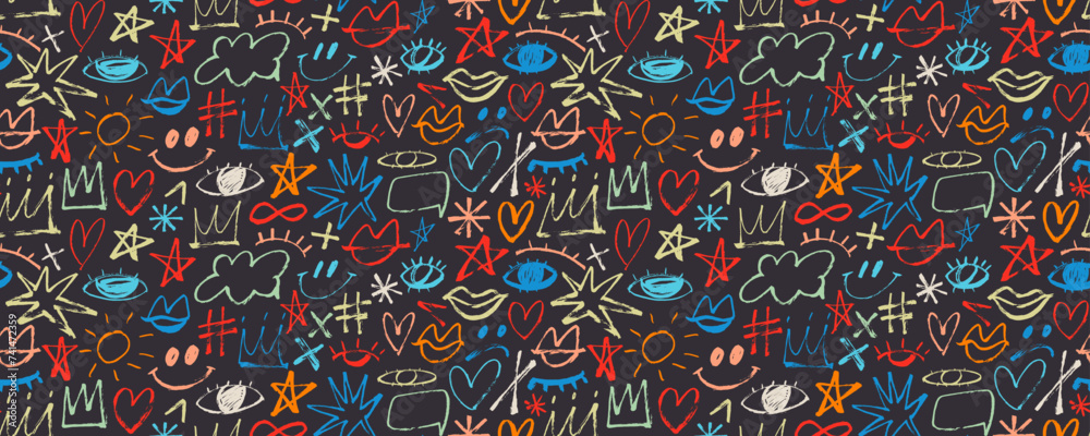Naklejka premium Colorful seamless banner design with brush drawn doodle style elements like crowns, hearts, stars and eyes.