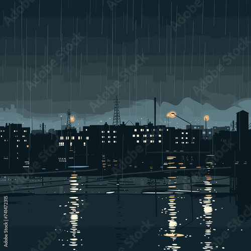 Rainy Urban Dawn Scene, vector graphic