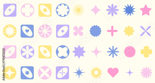 Set of abstract retro futuristic colorful elements and shapes brutalism, Y2K style. Y2K geometric shapes, forms, symbols for template social media, poster, banner, logo, stickers, web