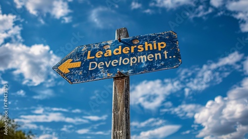 a road sign at a junction with the text "Leadership Development." indicating the pivotal point where individuals can choose the path of leadership growth. 