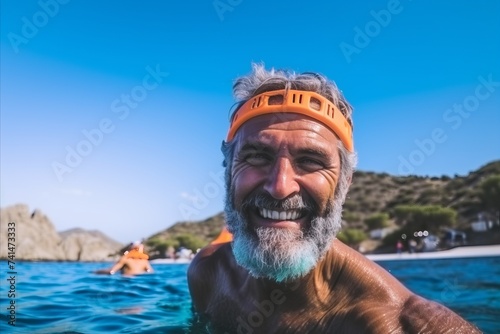 Portrait of a senior man in orange cap swimming in the sea © Nerea