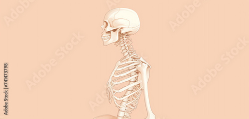 Depict a lateral view of the human skeleton in a vector format, highlighting and labeling the side profile of the rib cage and hip bones on a soft peach background