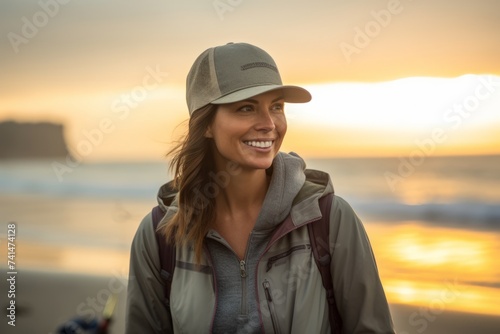 Beautiful woman wearing a cap and walking on the beach at sunset © Nerea