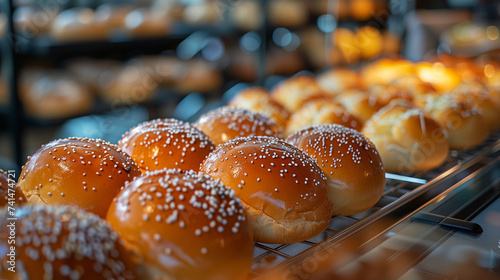 A variety of baked goods, staples in many cuisines, sit on a bakery rack photo