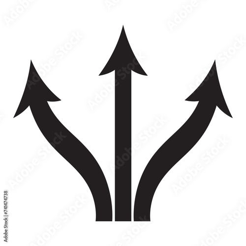 Three-way directional arrow in flat style. Road direction icon isolated. Vector icon of branching three arrows. Vector illustration. 
