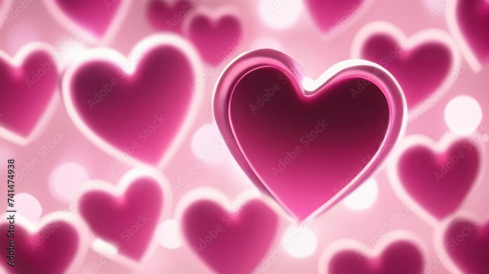 Horizontal background, wedding, Valentine's day. Pink glowing hearts on a pink background. AI generative.
