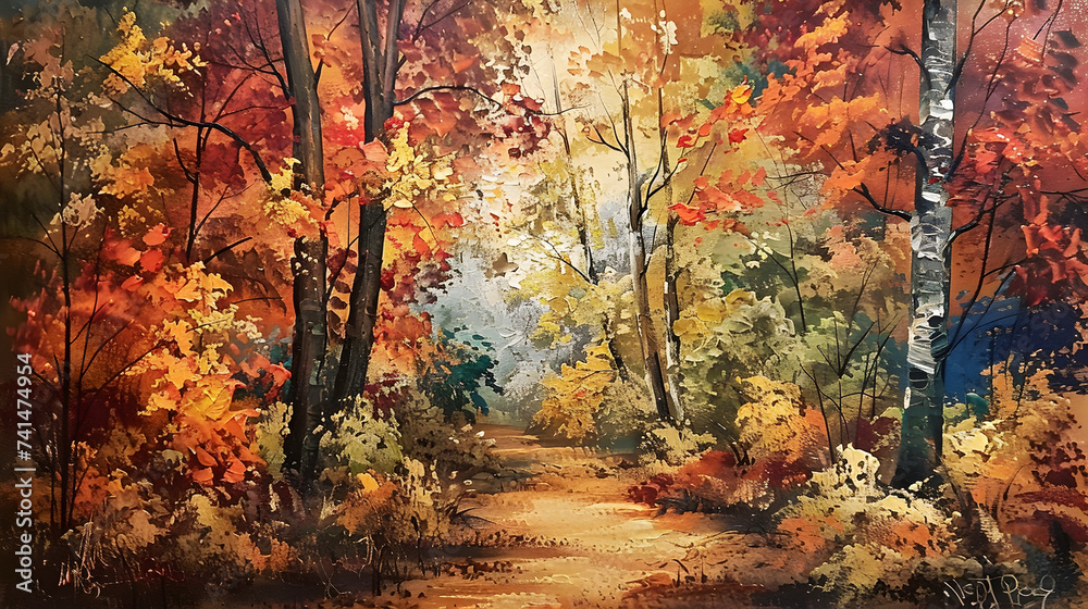 Autumn landscape with a path in the forest Digital painting,
Tranquil Autumn Path Through Colorful Woodland


