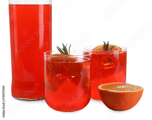 Aperol spritz cocktail  orange slices and rosemary in glasses isolated on white