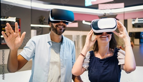 Happy people using new technology, holding something. First vr experience. Closeup of young happy couple having fun with virtual reality headset glasses.