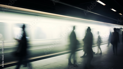 train station background concept passenger transport, foggy silhouettes in motion blur, gloomy atmosphere depressive mood