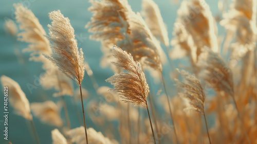 Pampas grass outdoor in light pastel colors. Dry reeds boho style.	 photo