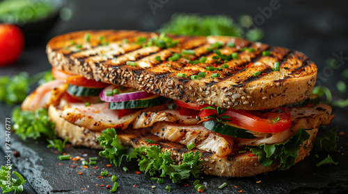 a close up of a grilled sandwich with chicken , tomatoes , cucumbers and lettuce on a table