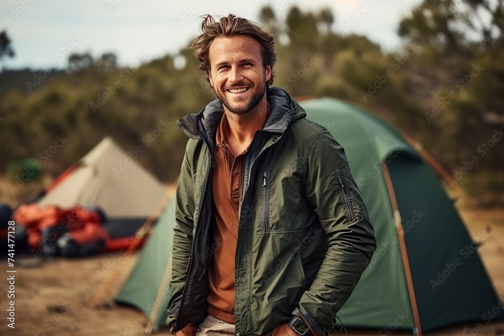 Portrait of a happy young man standing in front of his tent Portrait of a happy young man standing in front of his tent