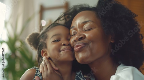 An African little girl is seen kissing her mother on the cheek at home. This is a lovely black female child kissing a cheerful and proud female parent on mother's day. photo