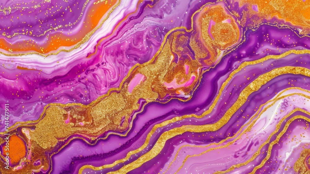 Abstract Purple and Gold Marbled Background with Glitter Detail