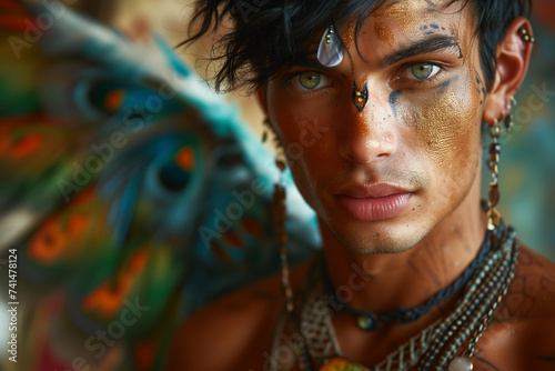 Tribal-inspired male portrait with striking makeup. Generative AI image photo