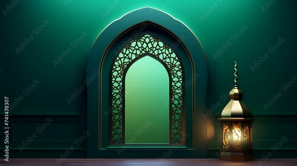 3D illustration of Ramadan Kareem background with mosque door and lantern