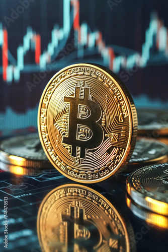 Generative AI illustration of golden Bitcoin coin stands upright against a backdrop of a downward trending stock market chart photo