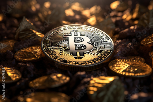 Generative AI illustration of distinguished Bitcoin coin positioned centrally atop a pile of numerous golden Bitcoins, highlighted with a warm light