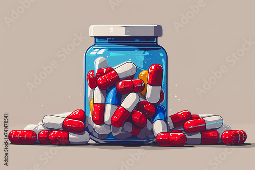 Generative AI illustration of transparent blue bottle overflowing with red and white capsule pills against a neutral background, with additional capsules scattered around the base background photo