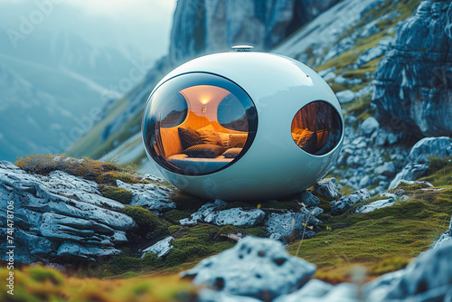 Generative AI illustration of futuristic spherical capsule with cozy interior nestled on a mountainous terrain covered with moss and rocks