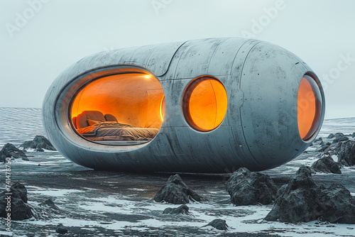 Generative AI illustration of modern capsule habitat with glowing orange windows on a barren icy landscape at dusk photo