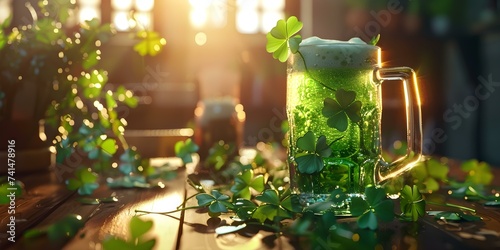Festive St Patricks Day theme with green beer and clovers. Concept St Patricks Day, Green Beer, Clovers, Festive Theme