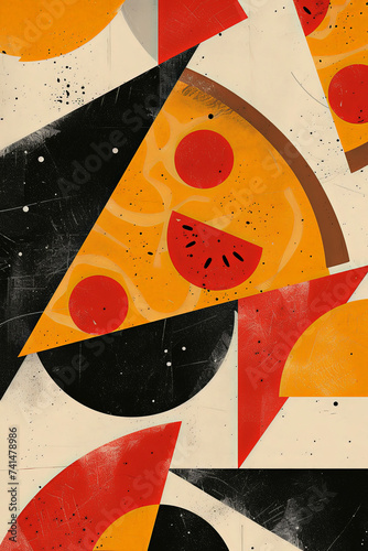 Generative AI illustration of abstract art featuring pizza slice motifs with geometric shapes and a textured vintage background