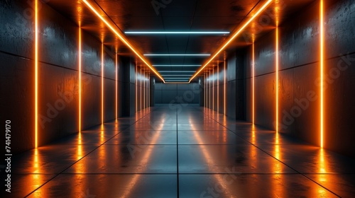 Modern futuristic spacious tunnel interior with neon lighting