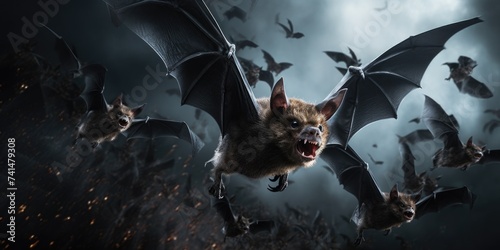 Group of bats flying through the air, suitable for Halloween themes photo