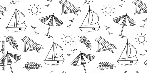 Seamless monochrome pattern on theme of summer beach holidays. Background with umbrella, sailboat, seagulls