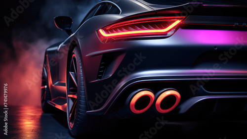 Neon-lit exhaust system modification in a high-performance car against a black backdrop